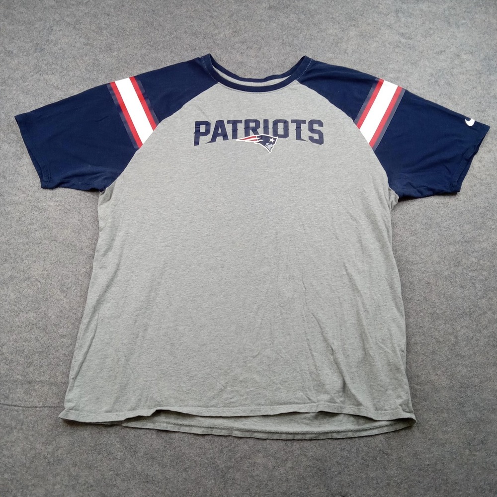New England Patriots Shirt Men XXL Gray Blue NFL Football Nike Raglan Tee Ringer